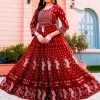 Red Rayon Print Embroidery Work Long Anarkali Gown
