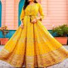 Yellow Rayon Print Embroidery Work Long Anarkali Gown