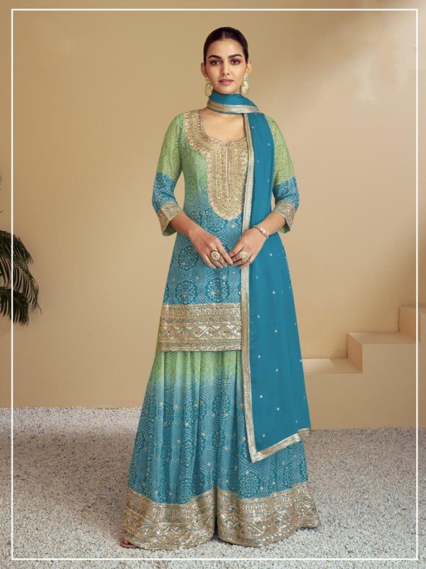 Sunny Sky Blue Color Chinon Digital Print With Mat Sequence Sharara Suit