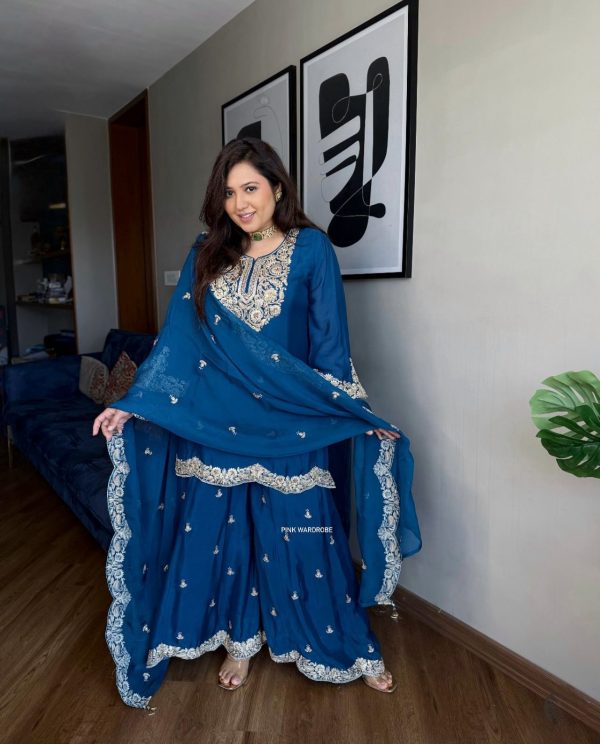Superb Blue Color Pure Chinnon Silk With Embroidery Coding Dori-Sequence Salwar Suit