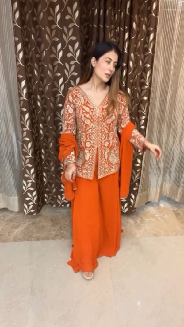 Superb Orange Color Chinon With Embroidery Sequence Work Salwar Suit