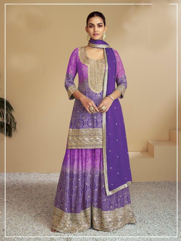 Warm Violte Color Chinon Digital Print With Mat Sequence Sharara Suit