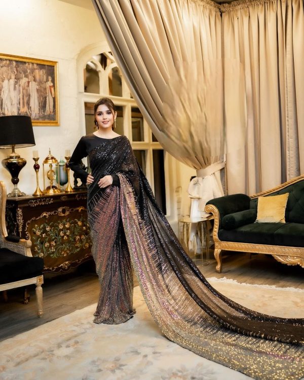 Superb Black color Dual Sequins 3MM & 5MM Embroidery Sequins Work Saree