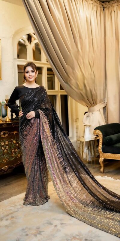 DF 3407 Black color Dual Sequins 3MM & 5MM Embroidery Sequins Work Saree Casual, Wedding, Festive, Events . Expected Delivery  4-6 Working Days @1749/- only | Sarees, Bollywood Sarees, Creative Sarees, Designer Sarees, Embroidered Sarees, Ethnic Saree, Modern Digital sarees, Party Wear Sarees
