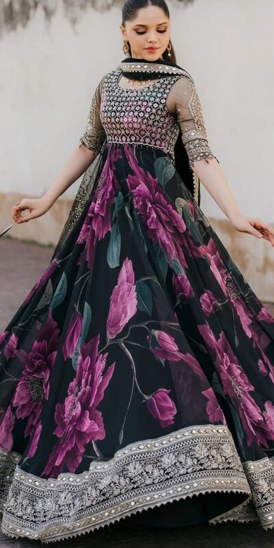 RTC 5772 Black Color Foix Georgette with digital print Anarkali Gown Casual, Wedding, Party, Festive, Events. Expected Delivery 4-6 Working Days @2399/-Only | Gowns, Bollywood Gowns, Creative Gowns, Designer Gowns, Embroidered Gowns, Party Wear Gowns