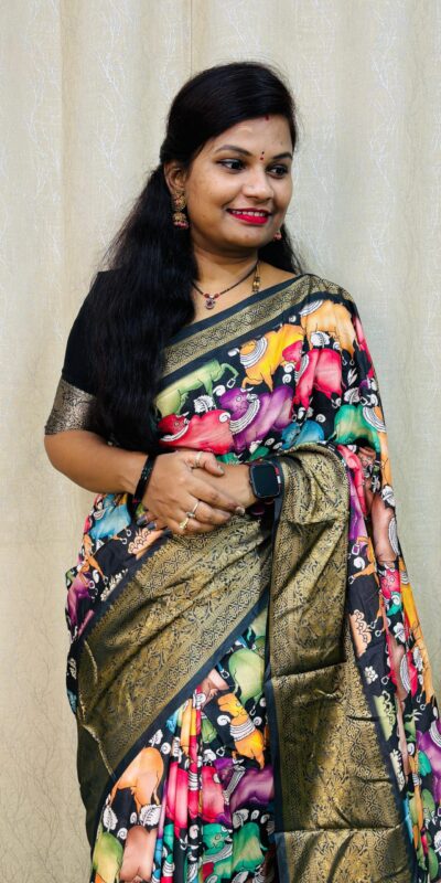 MS Kalamkari Black Color Jacquard Dola Silk With Kalamkari Print Saree Casual, Wedding, Festive, Events . Expected Delivery 4-6 Working Days @1549/- only | Sarees, Bollywood Sarees, Creative Sarees, Designer Sarees, Embroidered Sarees, Ethnic Saree, Modern Digital sarees, Party Wear Sarees