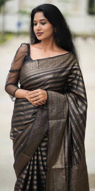 KP 5084 Black Color Soft Lichi Silk Jacquard Work On All Over Saree Casual, Wedding, Festive, Events . Expected Delivery  4-6 Working Days @1399/- only                                                                                                                                             | Sarees, Bollywood Sarees, Creative Sarees, Designer Sarees, Embroidered Sarees, Ethnic Saree, Modern Digital sarees, Party Wear Sarees