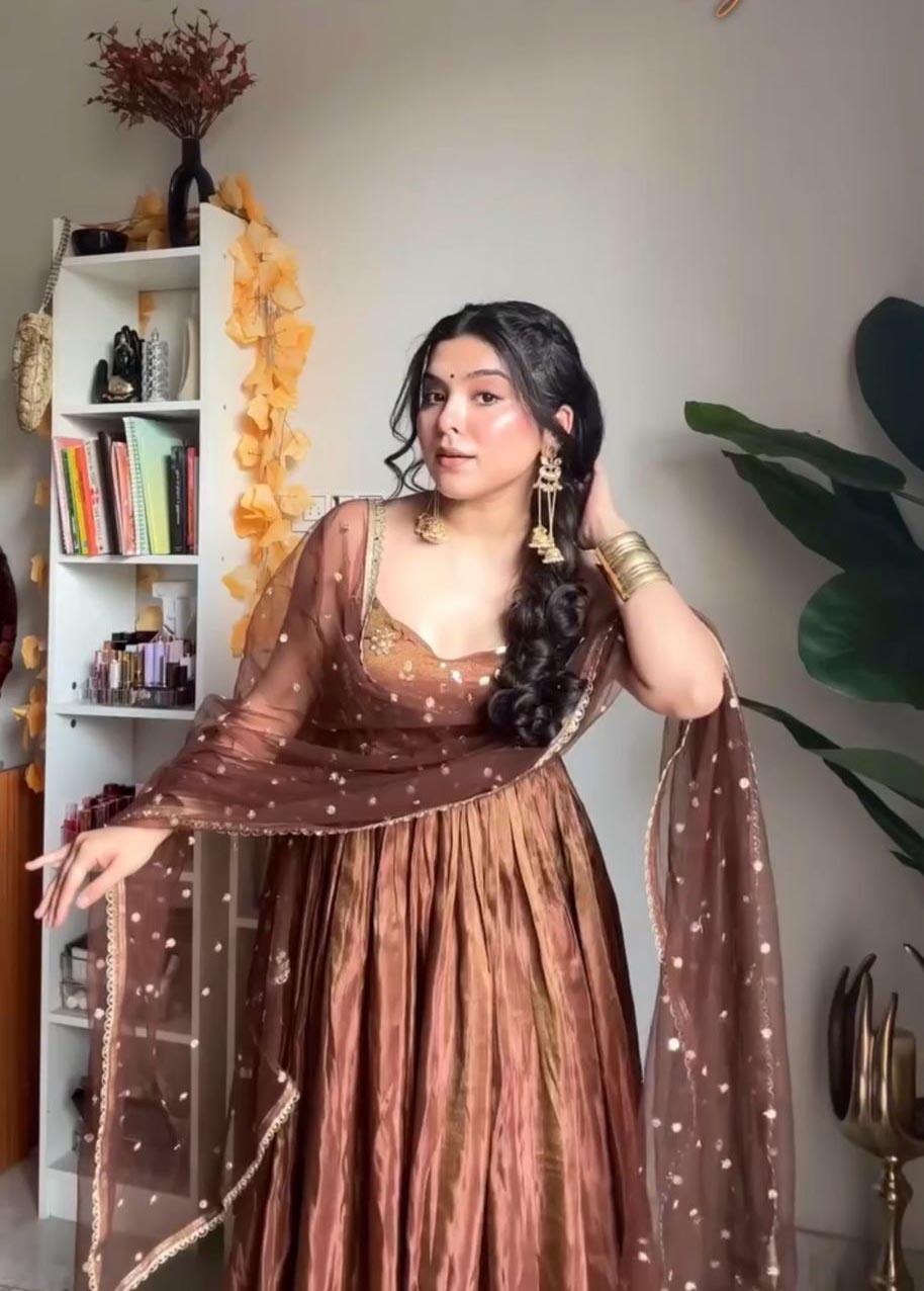 Brown Silk With Embroidery Sequence Work Anarkali Gown Brown Silk With Embroidery Sequence Work Anarkali Gown