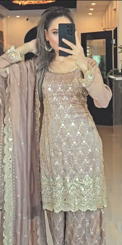 NSR 839 Cream Chinnon Silk Embroidery Sequence Work Real Mirror Hand Work Salwar Suit, Wedding, Party, Festive, Events Etc.4-6 Working Days@ 2049/-only | Jump Suits, Salwar suit, Casual Suits, Creative suits, Designer Suits, Palazzo Suits, Party Wear Suits, Patiala Suits, Straight Suits