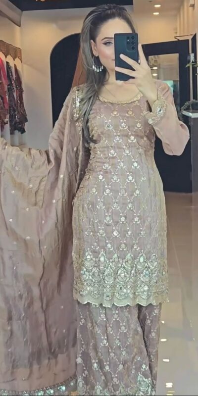 NSR 839 Cream Chinnon Silk Embroidery Sequence Work Real Mirror Hand Work Salwar Suit, Wedding, Party, Festive, Events Etc.4-6 Working Days@ 2049/-only | Jump Suits, Salwar suit, Casual Suits, Creative suits, Designer Suits, Palazzo Suits, Party Wear Suits, Patiala Suits, Straight Suits