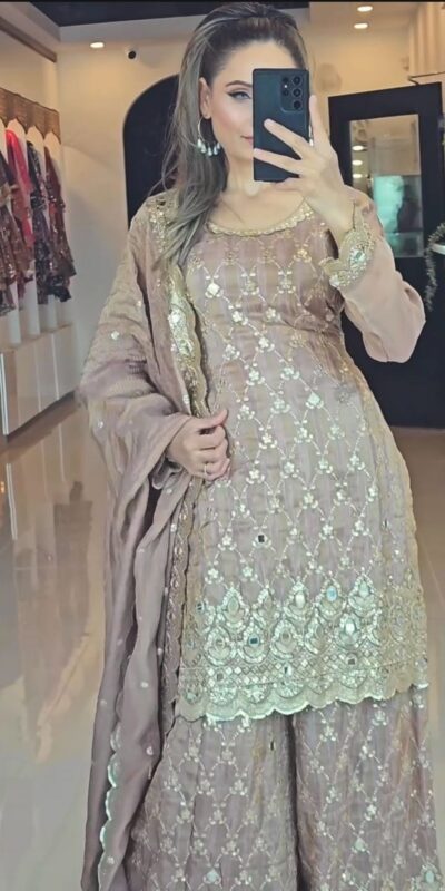 NSR 839 Cream Chinnon Silk Embroidery Sequence Work Real Mirror Hand Work Salwar Suit, Wedding, Party, Festive, Events Etc.4-6 Working Days@ 2049/-only | Jump Suits, Salwar suit, Casual Suits, Creative suits, Designer Suits, Palazzo Suits, Party Wear Suits, Patiala Suits, Straight Suits