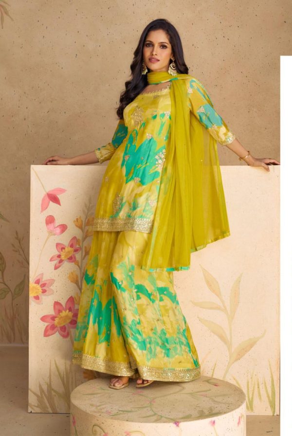 glowing Mustad Yellow Color Chinon Printed Embroidery Work Sharara Suit