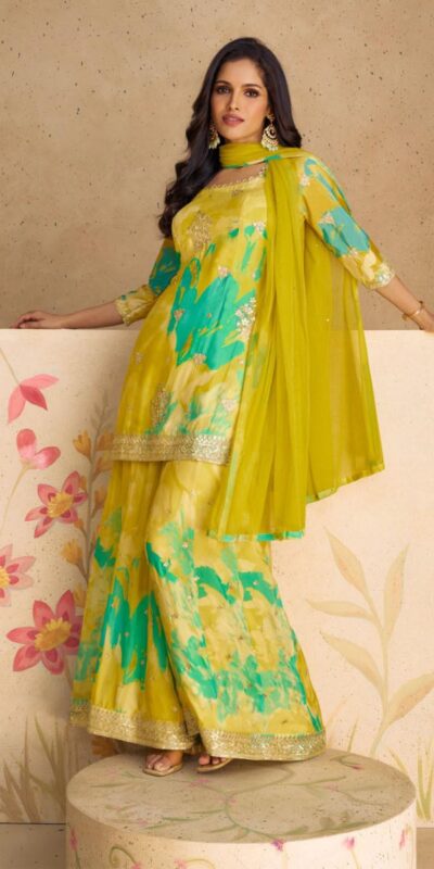 FC 5541 Mustad Yellow Color chinon Print Silk with Dall Crepe Sharara Suit Wedding, Party, Festive, Events Etc.  Expected Delivery 4-6 Working Days @2099/- | Jump Suits, Salwar suit, Casual Suits, Creative suits, Designer Suits, Palazzo Suits, Party Wear Suits, Patiala Suits, Straight Suits