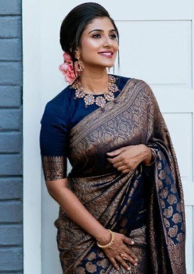 KP 5084 Navy Blue Color Soft Lichi Silk Jacquard Work On All Over Saree Casual, Wedding, Festive, Events . Expected Delivery  4-6 Working Days @1349/- only                                                                                                                                             | Sarees, Bollywood Sarees, Creative Sarees, Designer Sarees, Embroidered Sarees, Ethnic Saree, Modern Digital sarees, Party Wear Sarees