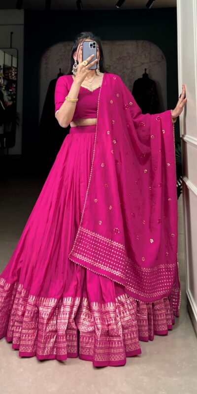 LNB 1906 Pink Color Pure Chanderi Plain With Zari Weaving Work Border Lehenga Choli Wedding, Party, Festive, Events Etc. Delivery 4-6 Working Days Rs 1999 | Lehenga, Bollywood Lehenga, Creative Lehenga, Designer Lehenga, Embroidered Lehenga, Party Wear Lehenga