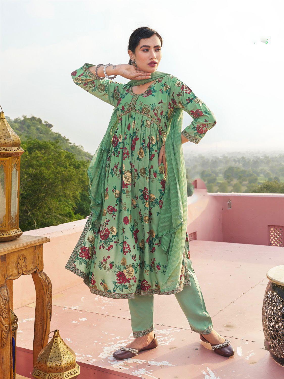 white christmas dresses Sky Blue Mirror work Alia cut Kurta set – Indi Ethnics main image 0