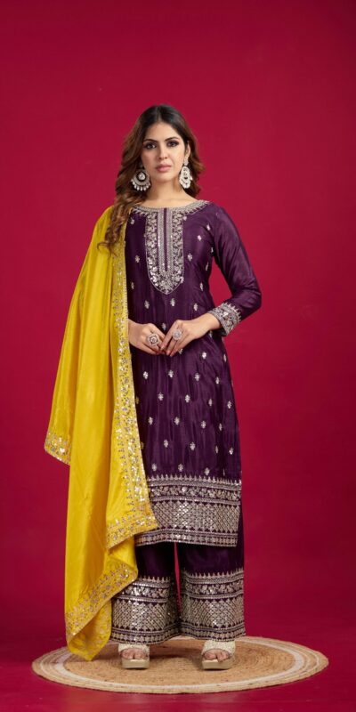 SRK 5231 Purple Color Pure Chinnon Silk With Embroidery Sequence Work Salwar Suit Casual, Wedding, Party, Festive, Events Etc.4-6 Working Days@ 1899/-only | Jump Suits, Salwar suit, Casual Suits, Creative suits, Designer Suits, Palazzo Suits, Party Wear Suits, Patiala Suits, Straight Suits