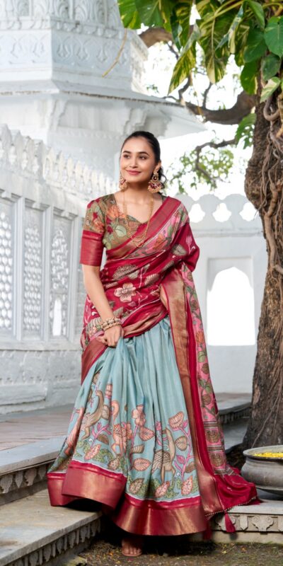 LNB 1234 Red Color Dola Silk Kalamkari Print Zari Border Lehenga Choli Wedding, Party, Festive, Events Etc. Delivery 4-6 Working Days Rs 2149 | Lehenga, Bollywood Lehenga, Creative Lehenga, Designer Lehenga, Embroidered Lehenga, Party Wear Lehenga