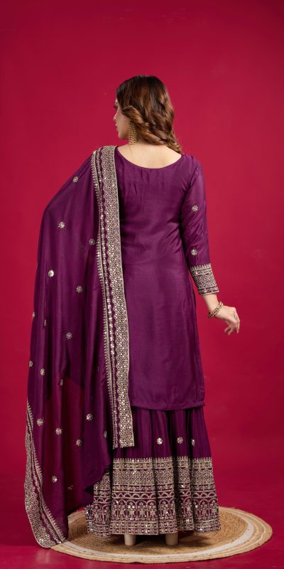 NSR-800 Purple Color Chinnon Silk With Embroidery Work Sharara Suit Wedding, Party, Festive, Events Etc.  Expected Delivery 4-6 Working Days @2149/- | Jump Suits, Salwar suit, Casual Suits, Creative suits, Designer Suits, Palazzo Suits, Party Wear Suits, Patiala Suits, Straight Suits