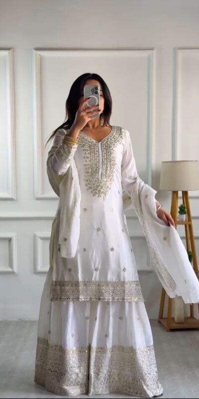 NSR-800 White Color Chinnon Silk With Embroidery Work Sharara Suit Wedding, Party, Festive, Events Etc. Expected Delivery 4-6 Working Days @2149/- | Jump Suits, Salwar suit, Casual Suits, Creative suits, Designer Suits, Palazzo Suits, Party Wear Suits, Patiala Suits, Straight Suits