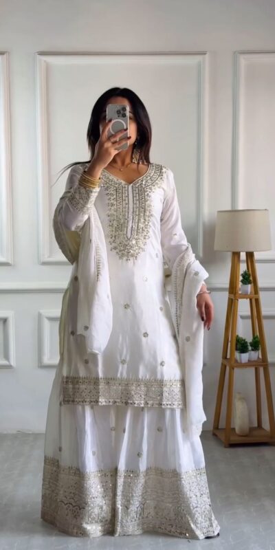 NSR-800 White Color Chinnon Silk With Embroidery Work Sharara Suit Wedding, Party, Festive, Events Etc. Expected Delivery 4-6 Working Days @2149/- | Jump Suits, Salwar suit, Casual Suits, Creative suits, Designer Suits, Palazzo Suits, Party Wear Suits, Patiala Suits, Straight Suits