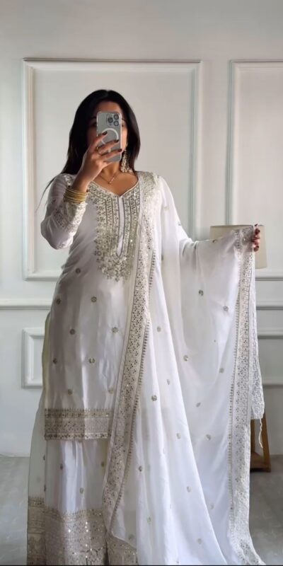 NSR-800 White Color Chinnon Silk With Embroidery Work Sharara Suit Wedding, Party, Festive, Events Etc. Expected Delivery 4-6 Working Days @2149/- | Jump Suits, Salwar suit, Casual Suits, Creative suits, Designer Suits, Palazzo Suits, Party Wear Suits, Patiala Suits, Straight Suits