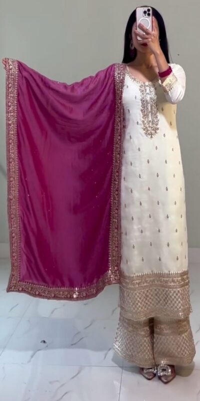 SRK 5140 White Color Chinnon Silk With Heavy Embroidery Sequence Work Salwar Suit Casual, Wedding, Party, Festive, Events Etc.4-6 Working Days@ 1899/-only | Jump Suits, Salwar suit, Casual Suits, Creative suits, Designer Suits, Palazzo Suits, Party Wear Suits, Patiala Suits, Straight Suits