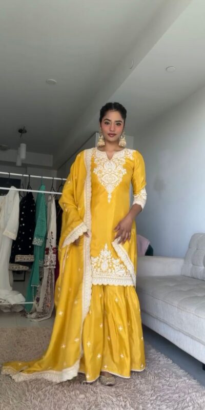 RTC 5827 Yellow  Color Chinnon Silk thread With Sequence Sharara Suit Wedding, Party, Festive, Events Etc.  Expected Delivery 4-6 Working Days @2399/- | Jump Suits, Salwar suit, Casual Suits, Creative suits, Designer Suits, Palazzo Suits, Party Wear Suits, Patiala Suits, Straight Suits