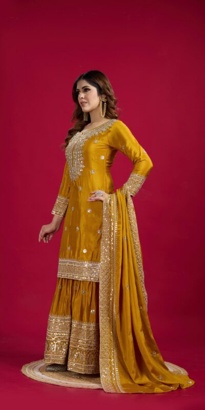 NSR-800 Yellow Color Chinnon Silk With Embroidery Work Sharara Suit Wedding, Party, Festive, Events Etc. Expected Delivery 4-6 Working Days @2149/- | Jump Suits, Salwar suit, Casual Suits, Creative suits, Designer Suits, Palazzo Suits, Party Wear Suits, Patiala Suits, Straight Suits