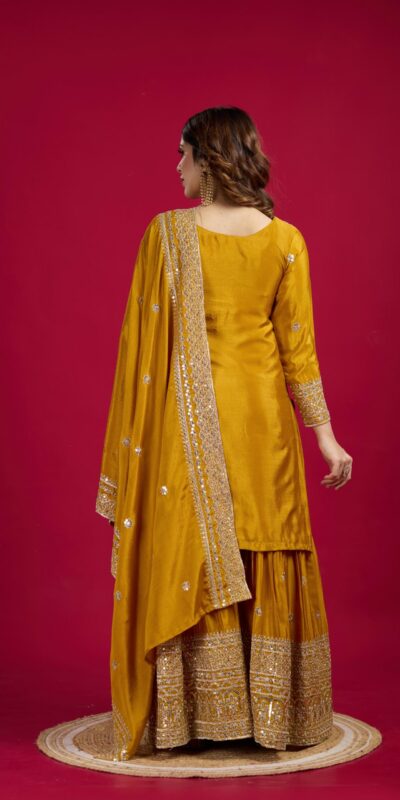 NSR-800 Yellow Color Chinnon Silk With Embroidery Work Sharara Suit Wedding, Party, Festive, Events Etc. Expected Delivery 4-6 Working Days @2149/- | Jump Suits, Salwar suit, Casual Suits, Creative suits, Designer Suits, Palazzo Suits, Party Wear Suits, Patiala Suits, Straight Suits