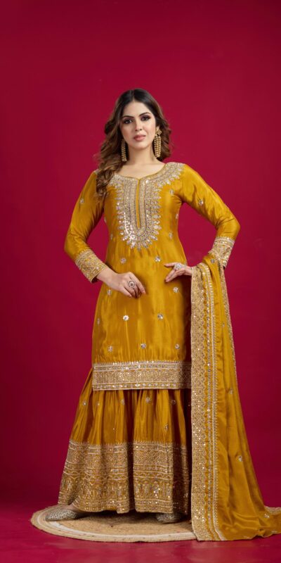 NSR-800 Yellow Color Chinnon Silk With Embroidery Work Sharara Suit Wedding, Party, Festive, Events Etc. Expected Delivery 4-6 Working Days @2149/- | Jump Suits, Salwar suit, Casual Suits, Creative suits, Designer Suits, Palazzo Suits, Party Wear Suits, Patiala Suits, Straight Suits