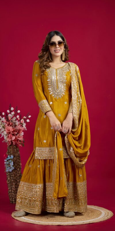 NSR-800 Yellow Color Chinnon Silk With Embroidery Work Sharara Suit Wedding, Party, Festive, Events Etc.  Expected Delivery 4-6 Working Days @2149/- | Jump Suits, Salwar suit, Casual Suits, Creative suits, Designer Suits, Palazzo Suits, Party Wear Suits, Patiala Suits, Straight Suits