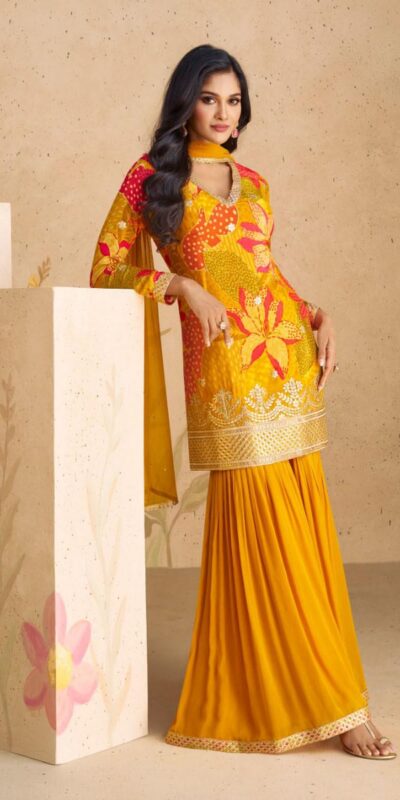 FC 5540 Yellow Color chinon Print Silk with Dall US Crepe Sharara Suit Wedding, Party, Festive, Events Etc.  Expected Delivery 4-6 Working Days @2099/- | Jump Suits, Salwar suit, Casual Suits, Creative suits, Designer Suits, Palazzo Suits, Party Wear Suits, Patiala Suits, Straight Suits