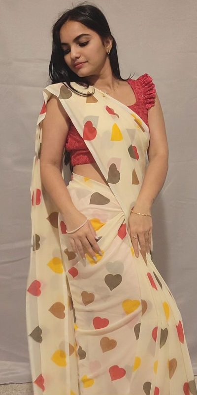 SC 215 Half White Color Soft Georgette Silk Digital Print Heart Design Ready To Wear Saree Wedding, Festive, Events .Expected Delivery 4-6 Working Days@1499 | Sarees, Bollywood Sarees, Creative Sarees, Designer Sarees, Embroidered Sarees, Ethnic Saree, Modern Digital sarees, Party Wear Sarees