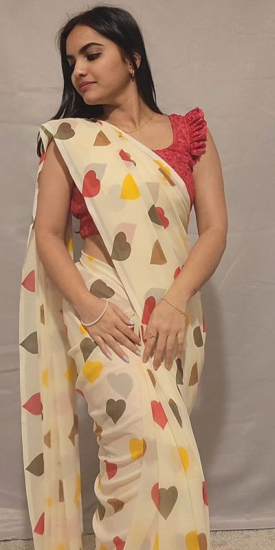 SC 215 Half White Color Soft Georgette Silk Digital Print Heart Design Ready To Wear Saree Wedding, Festive, Events .Expected Delivery 4-6 Working Days@1499 | Sarees, Bollywood Sarees, Creative Sarees, Designer Sarees, Embroidered Sarees, Ethnic Saree, Modern Digital sarees, Party Wear Sarees