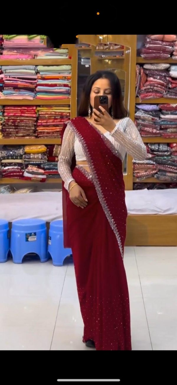 Amazing Marron Georgette Hot Fix Stone Work Saree