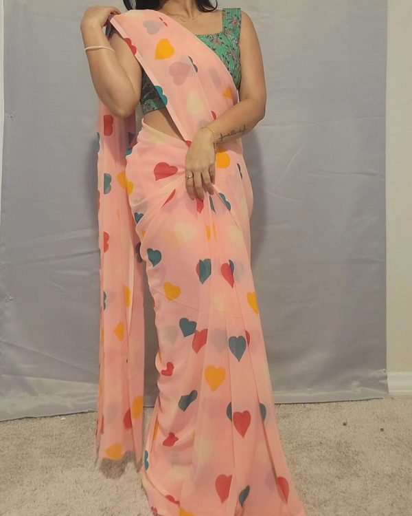 Peach Soft Georgette Silk Digital Print Heart Design Saree