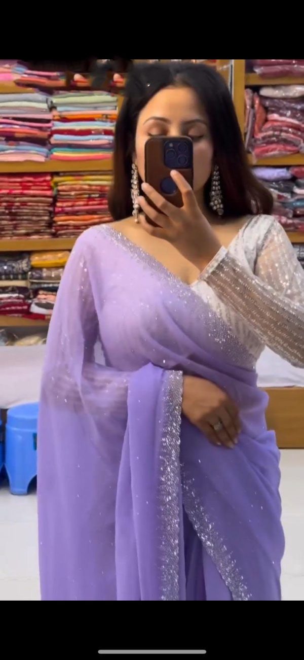 Amazing Purple Georgette Hot Fix Stone Work Saree
