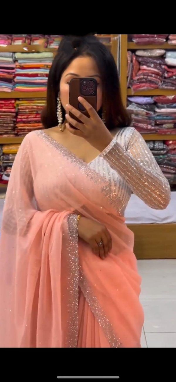 Amazing Peach Georgette Hot Fix Stone Work Saree