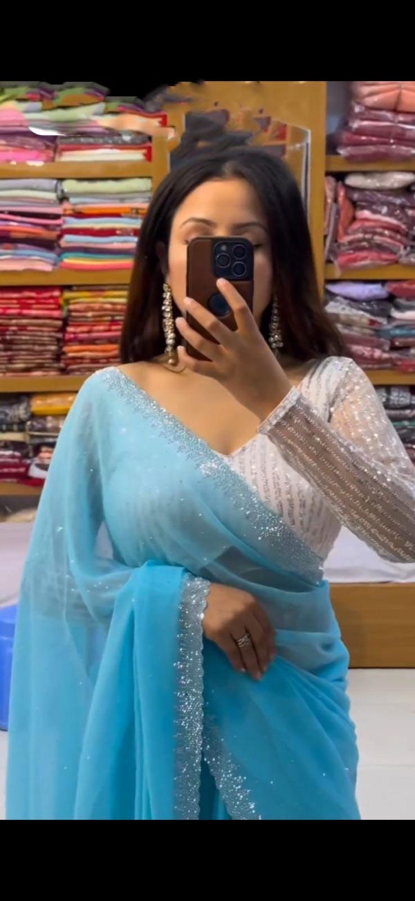 Amazing Sky Blue Georgette Hot Fix Stone Work Saree