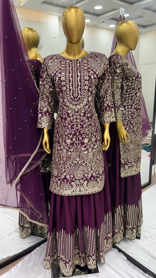 Amazing Wine Color Chinnon Silk 5mm Embroidery Sequence With Moti Work Salwar Suit