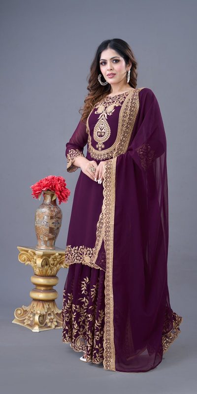 SRK-5242 Wine Faux Georgette Embroidery Sequence Work Salwar Suit Casual, Wedding, Party, Festive, Events Etc.4-6 Working Days@ 2099/-only | Jump Suits, Salwar suit, Casual Suits, Creative suits, Designer Suits, Palazzo Suits, Party Wear Suits, Patiala Suits, Straight Suits