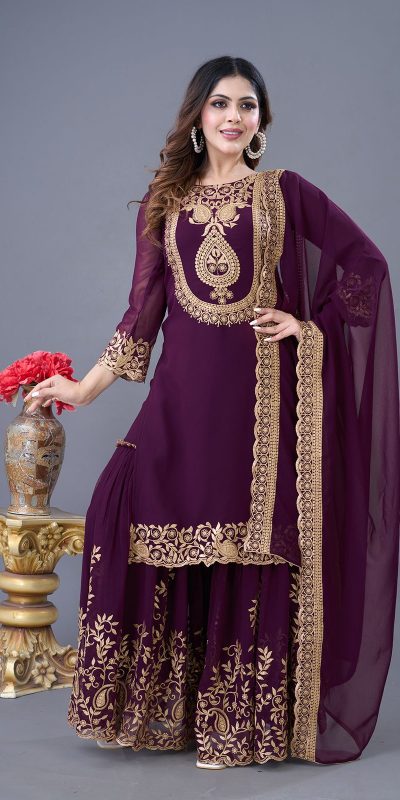 SRK-5242 Wine Faux Georgette Embroidery Sequence Work Salwar Suit Casual, Wedding, Party, Festive, Events Etc.4-6 Working Days@ 2099/-only | Jump Suits, Salwar suit, Casual Suits, Creative suits, Designer Suits, Palazzo Suits, Party Wear Suits, Patiala Suits, Straight Suits