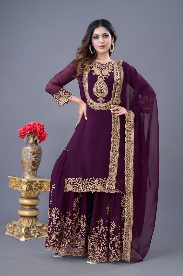 Amazing Wine Color Faux Georgette With Embroidery Sequence Thread Work Salwar Suit