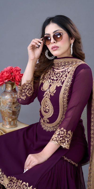 SRK-5242 Wine Faux Georgette Embroidery Sequence Work Salwar Suit Casual, Wedding, Party, Festive, Events Etc.4-6 Working Days@ 2099/-only | Jump Suits, Salwar suit, Casual Suits, Creative suits, Designer Suits, Palazzo Suits, Party Wear Suits, Patiala Suits, Straight Suits