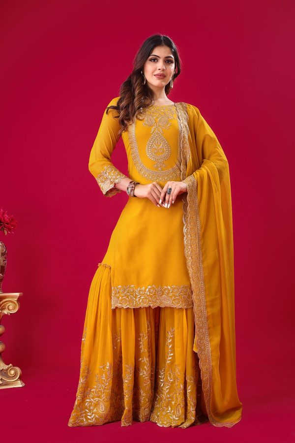 Amazing Yellow Color Faux Georgette With Embroidery Sequence Thread Work Salwar Suit