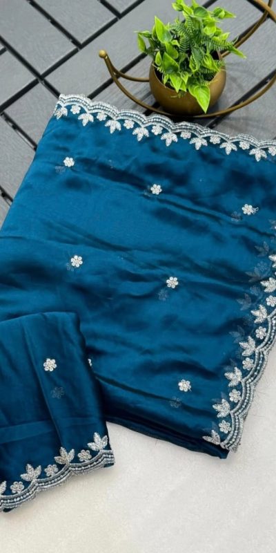 Peacock Blue Rangoli Chiffon Embroidery Cut Work Saree