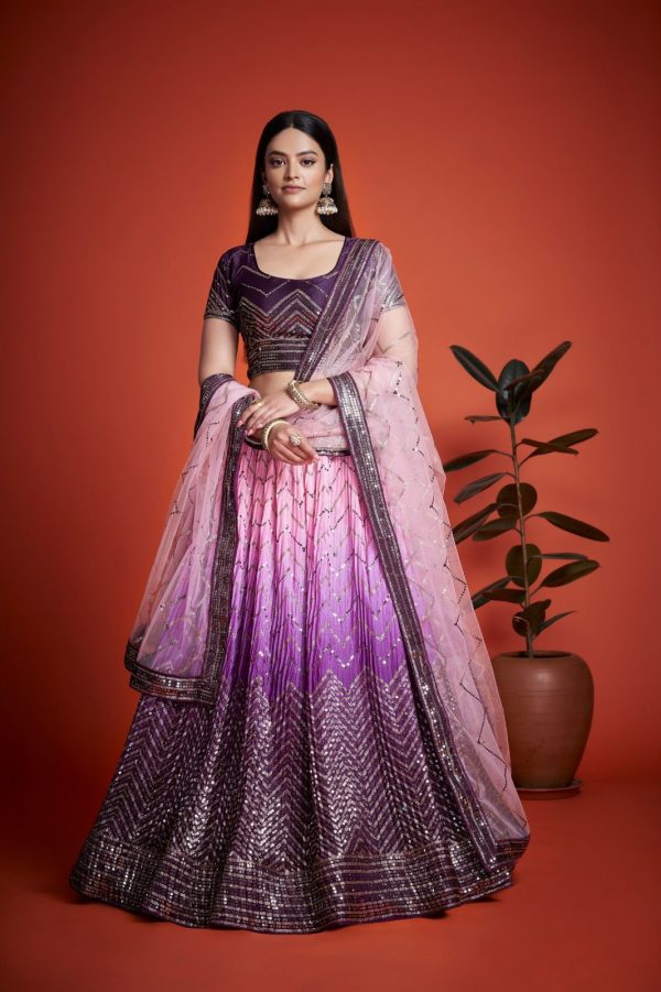 Purple Chinon Embroidery and Sequins Lehenga Choli