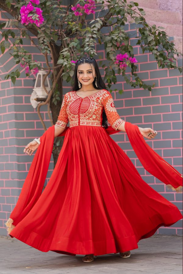 Red Chinon Bandhrej Heavy Sequence Embroidery Work Anarkali Gown