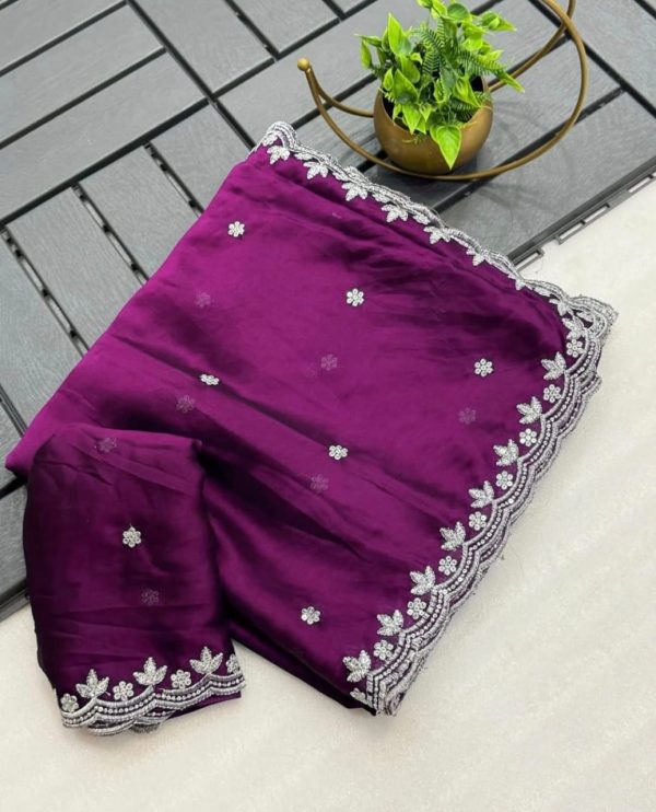 Wine Rangoli Chiffon Embroidery Cut Work Saree